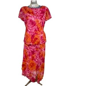 Colorful Floral 2 Piece Dress Skirt Set Orange Pink Roses Comfy Church Career L